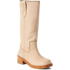 Women Beige Vintage Knee High Boots for Round Toe Mid Calf Heel Casual Winter